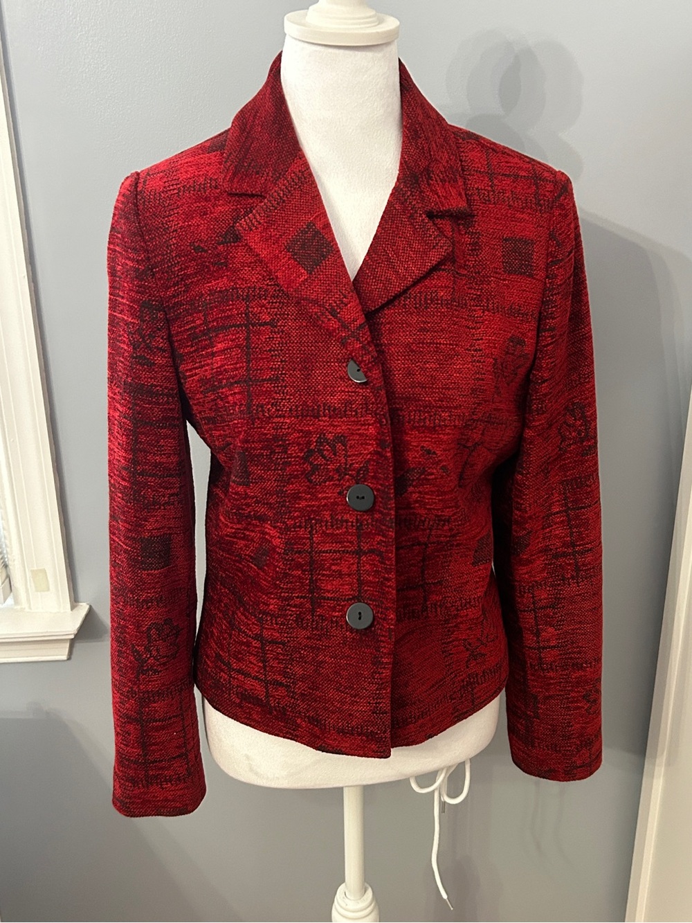 Coldwater Creek Red Black Woven Abstract Blazer Jacket Women's Size 6 Office